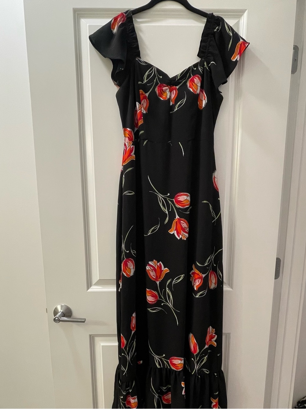 nine britton Black Maxi Dress with Red & Pink Floral Print